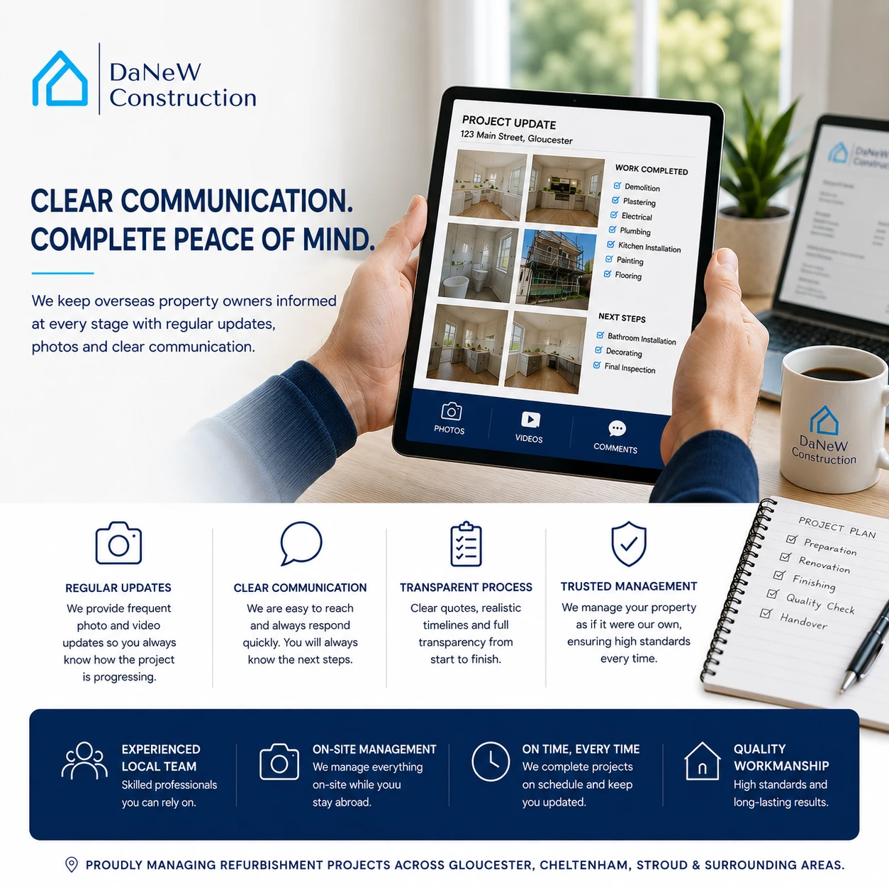 Clear communication and remote project management services for overseas landlords in Gloucester, Cheltenham and Stroud by Danew Construction Ltd