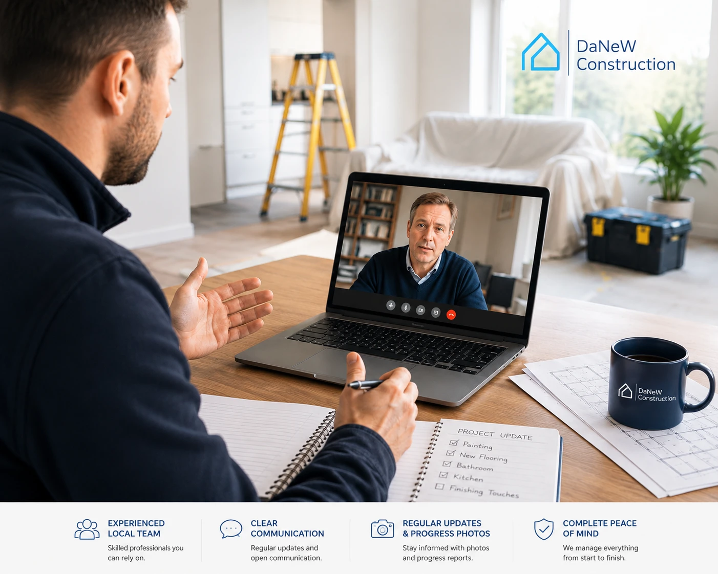 Video call with overseas landlord during property refurbishment project in Gloucester, Cheltenham and Stroud by Danew Construction Ltd