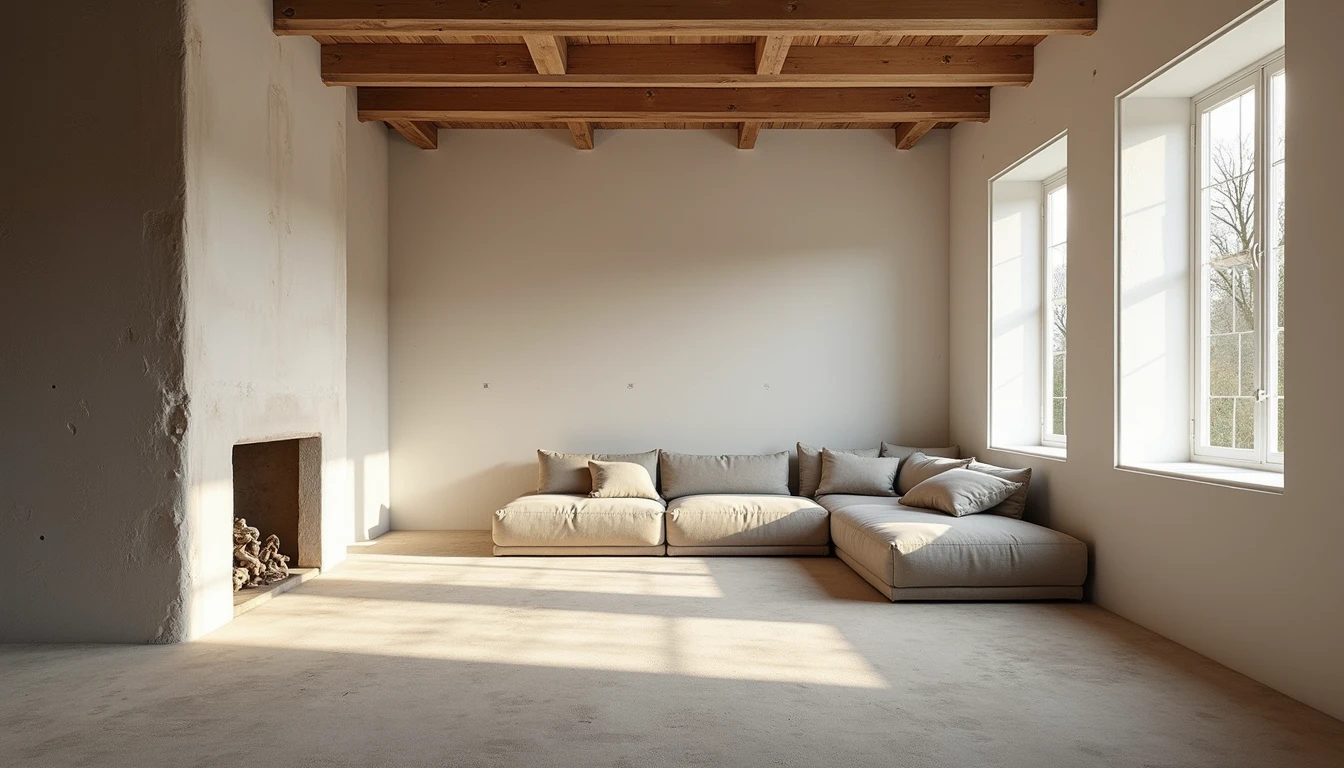 Wide angle view of a partially renovated living room with exposed walls